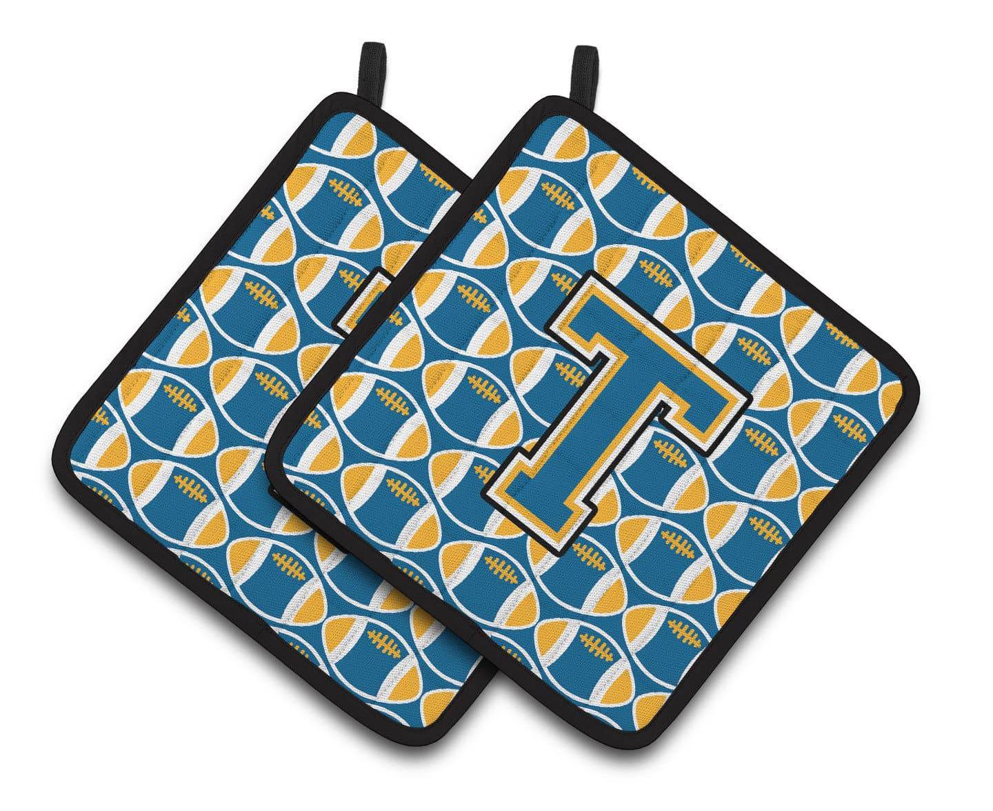 Letter T Football Blue and Gold Pair of Pot Holders CJ1077-TPTHD - the-store.com