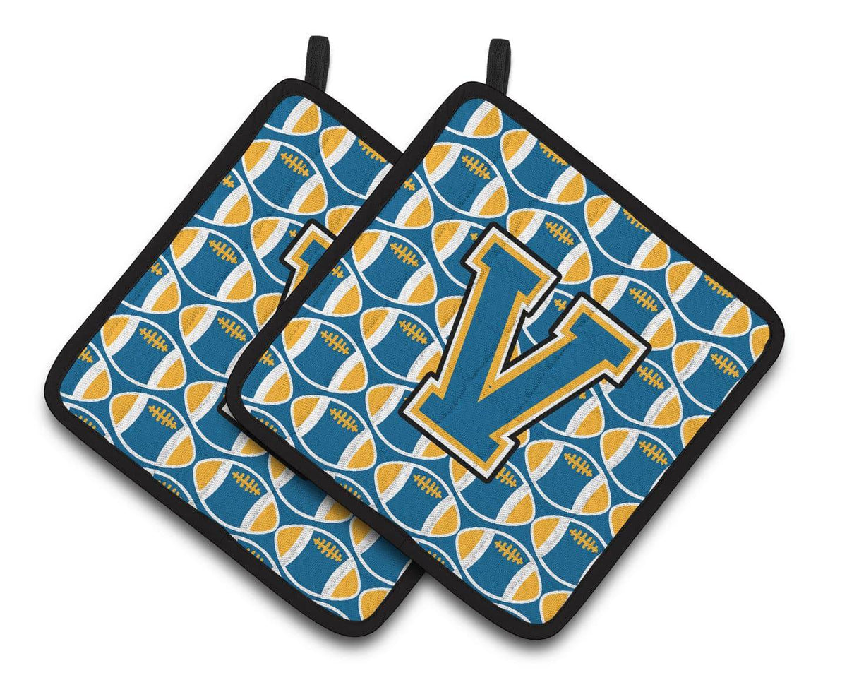 Letter V Football Blue and Gold Pair of Pot Holders CJ1077-VPTHD - the-store.com