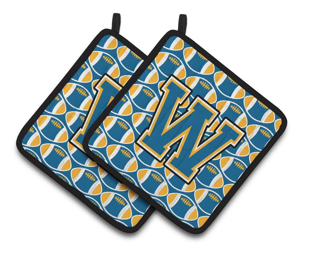 Letter W Football Blue and Gold Pair of Pot Holders CJ1077-WPTHD - the-store.com