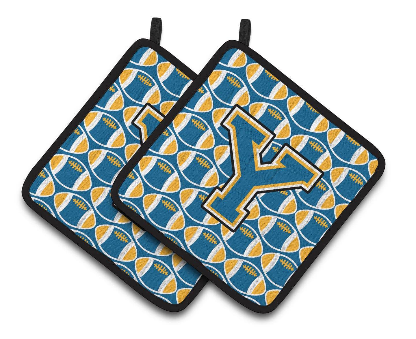Letter Y Football Blue and Gold Pair of Pot Holders CJ1077-YPTHD - the-store.com