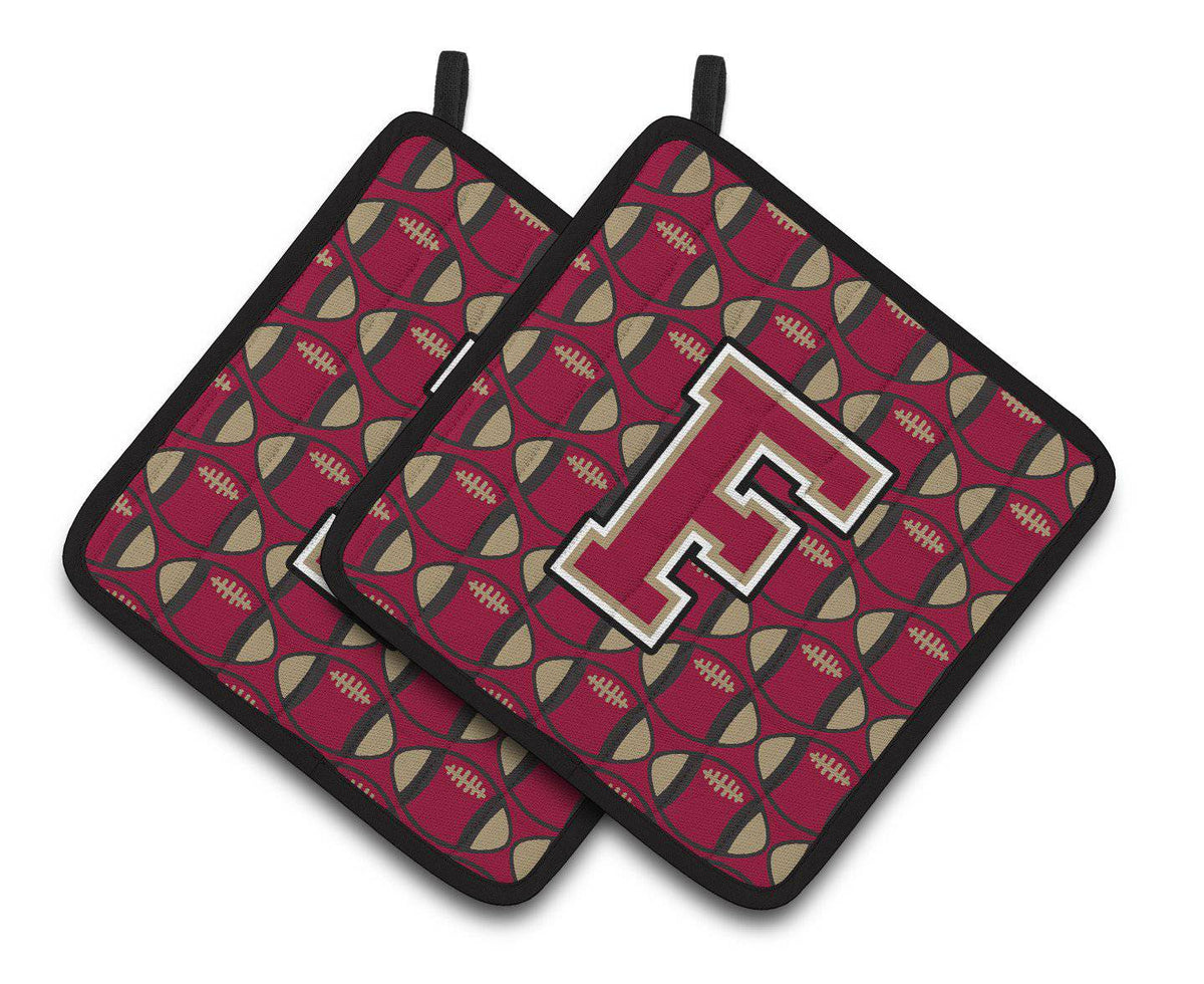 Letter F Football Garnet and Gold Pair of Pot Holders CJ1078-FPTHD - the-store.com
