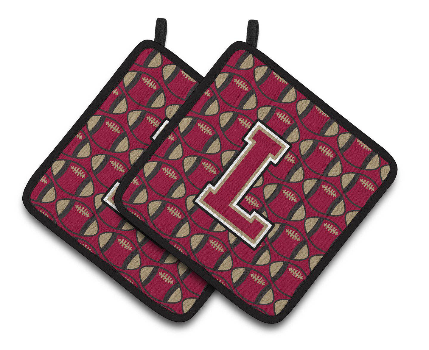 Letter L Football Garnet and Gold Pair of Pot Holders CJ1078-LPTHD - the-store.com