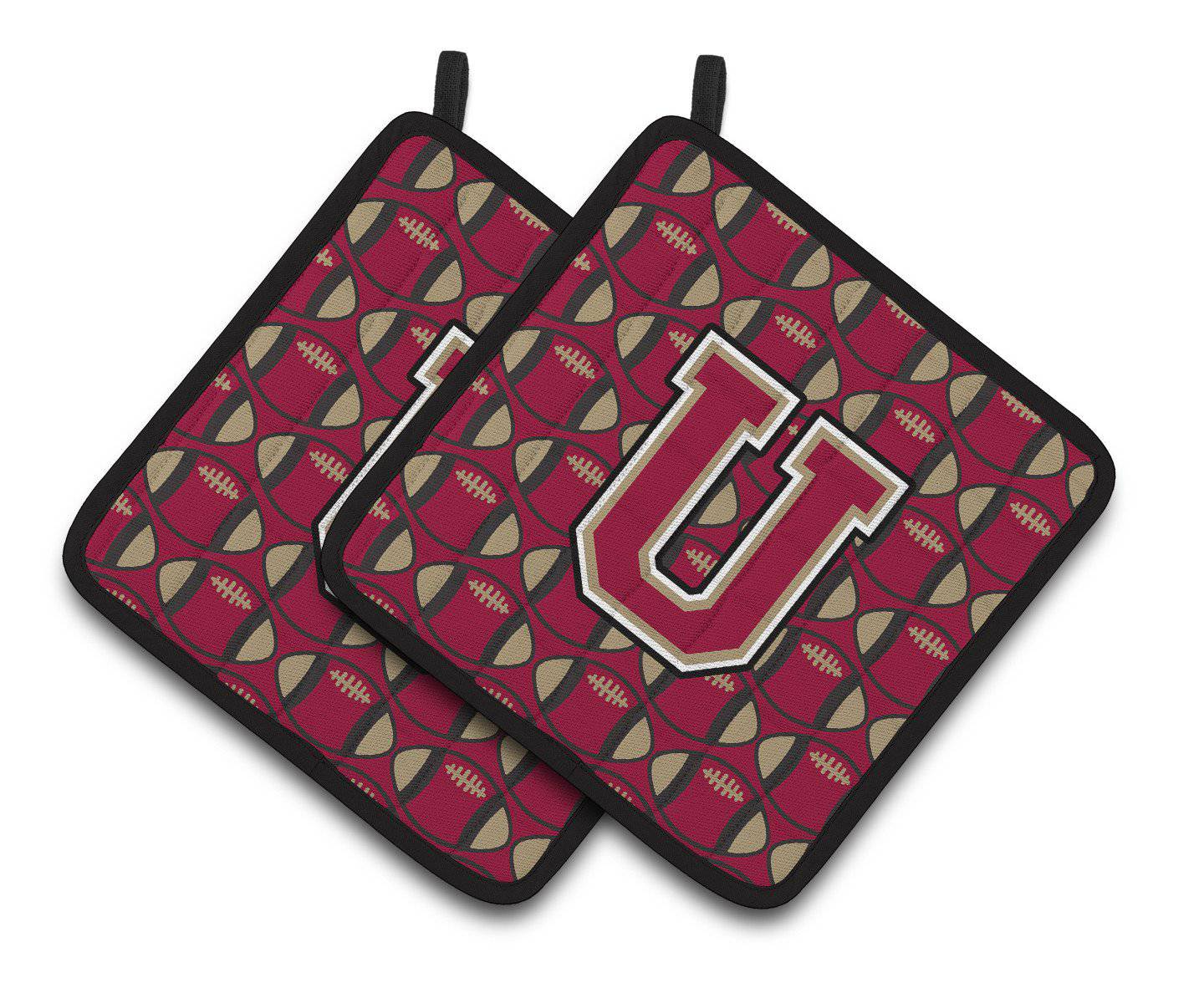 Letter U Football Garnet and Gold Pair of Pot Holders CJ1078-UPTHD - the-store.com