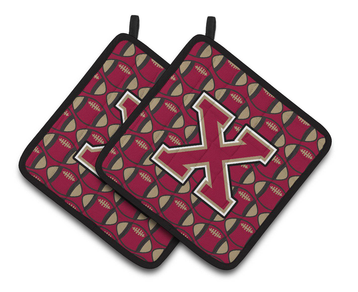 Letter X Football Garnet and Gold Pair of Pot Holders CJ1078-XPTHD - the-store.com