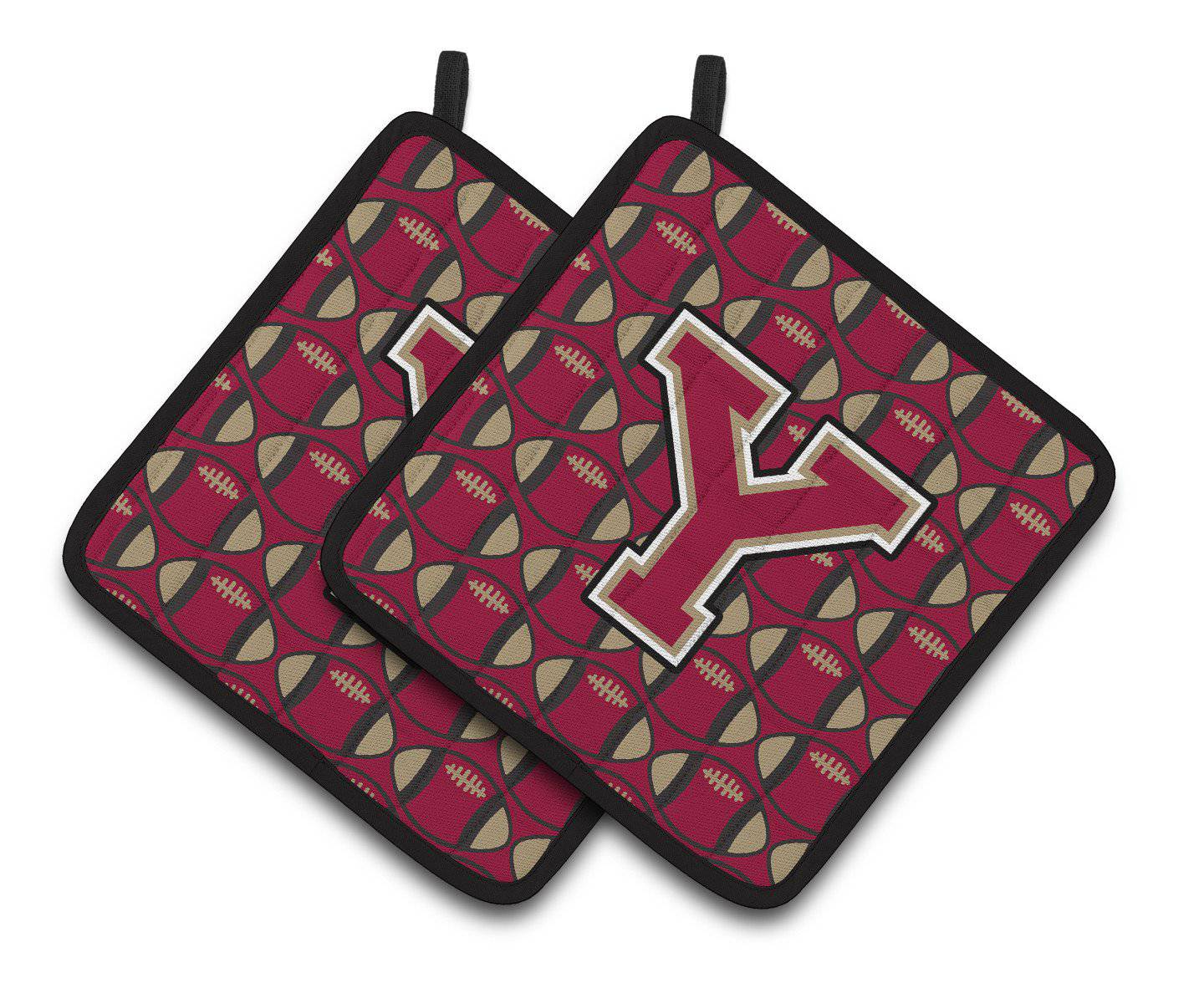 Letter Y Football Garnet and Gold Pair of Pot Holders CJ1078-YPTHD - the-store.com