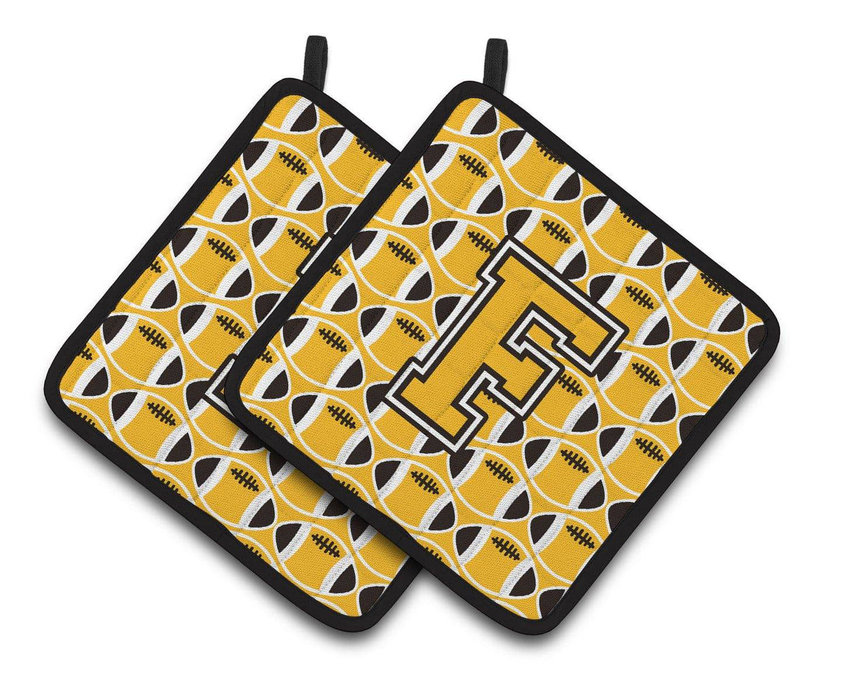 &quot;Letter F Football Black, Old Gold and White Pair of Pot Holders CJ1080-FPTHD&quot; - the-store.com
