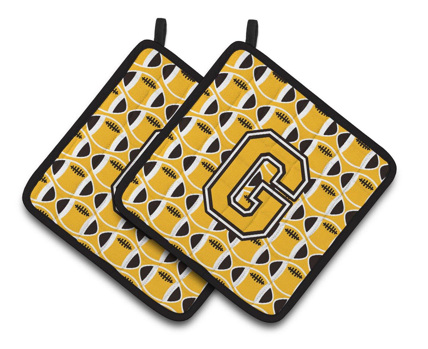"Letter G Football Black, Old Gold and White Pair of Pot Holders CJ1080-GPTHD" - the-store.com