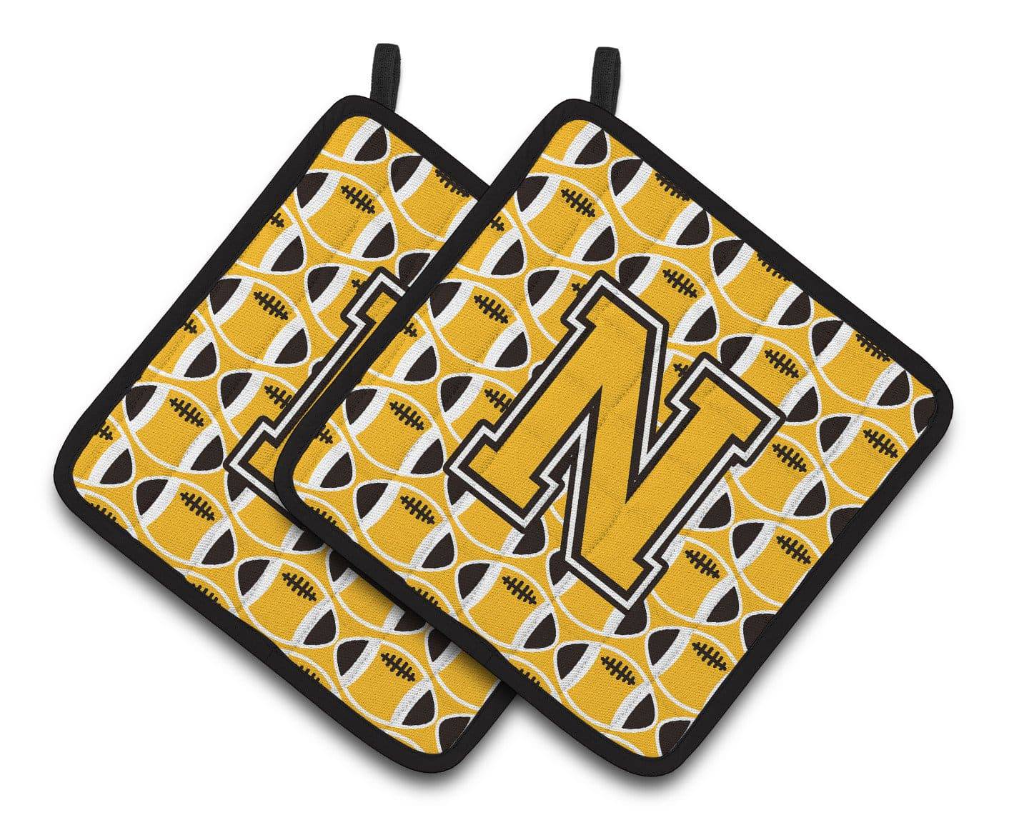 "Letter N Football Black, Old Gold and White Pair of Pot Holders CJ1080-NPTHD" - the-store.com