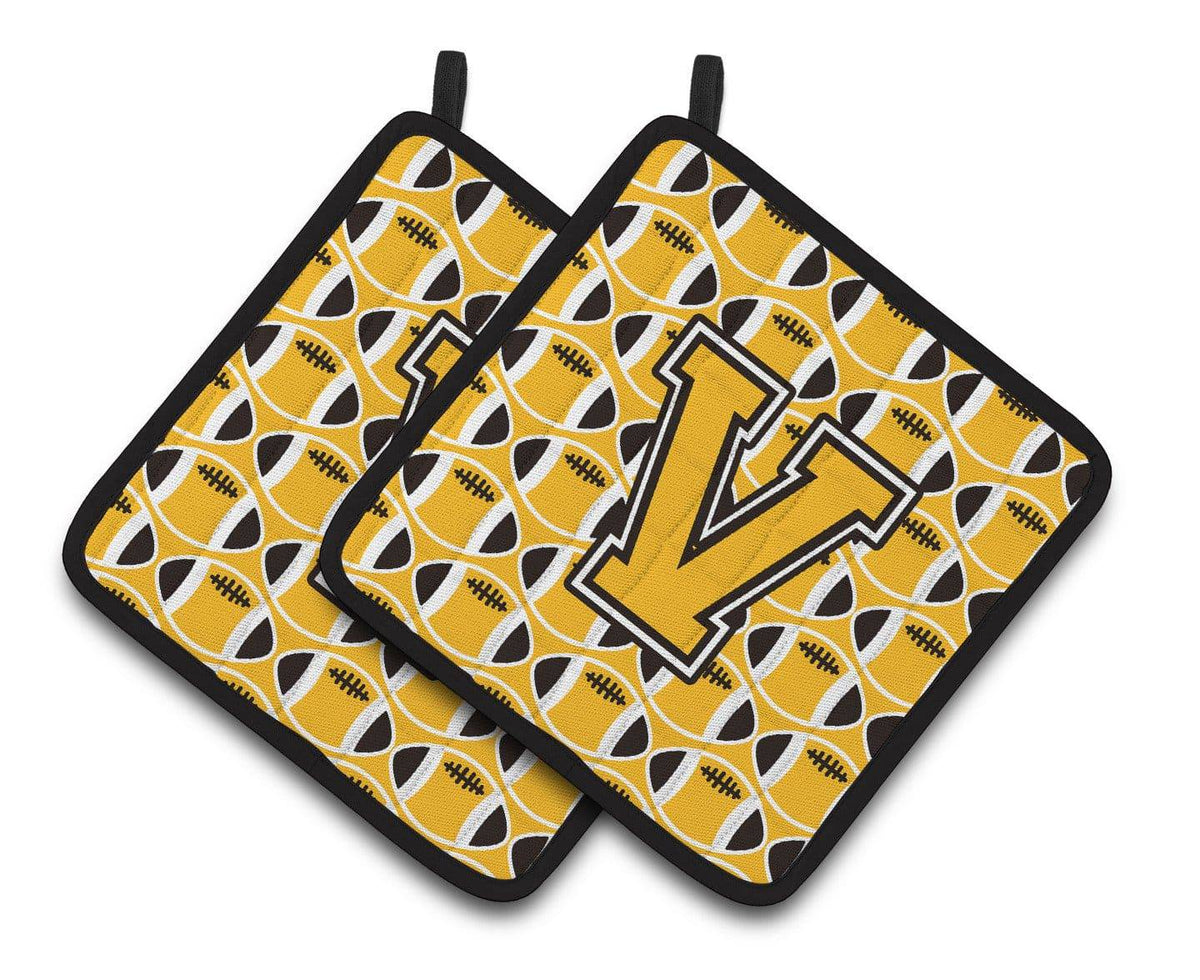 &quot;Letter V Football Black, Old Gold and White Pair of Pot Holders CJ1080-VPTHD&quot; - the-store.com