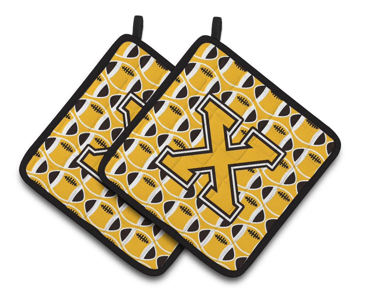 &quot;Letter X Football Black, Old Gold and White Pair of Pot Holders CJ1080-XPTHD&quot; - the-store.com