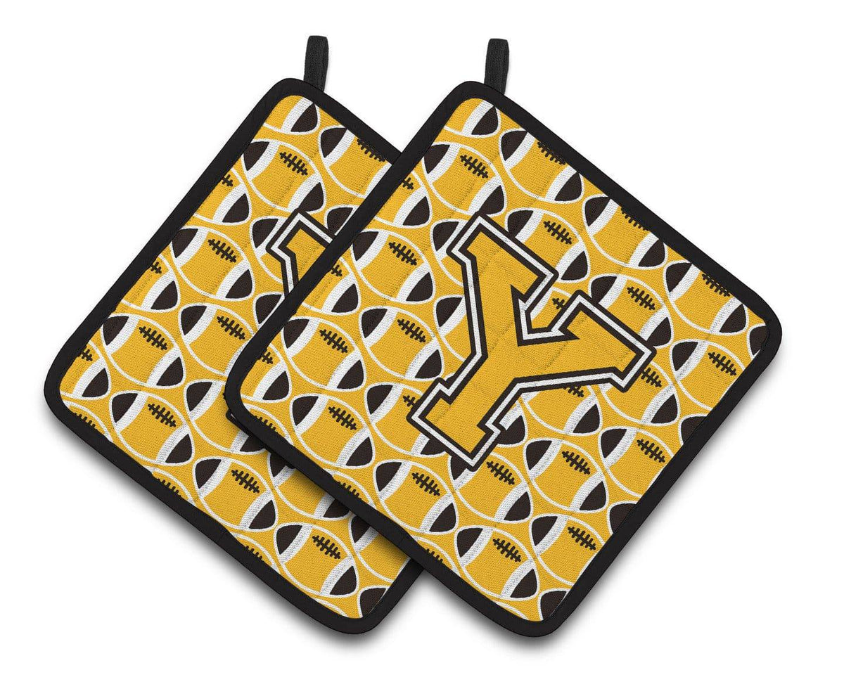 &quot;Letter Y Football Black, Old Gold and White Pair of Pot Holders CJ1080-YPTHD&quot; - the-store.com