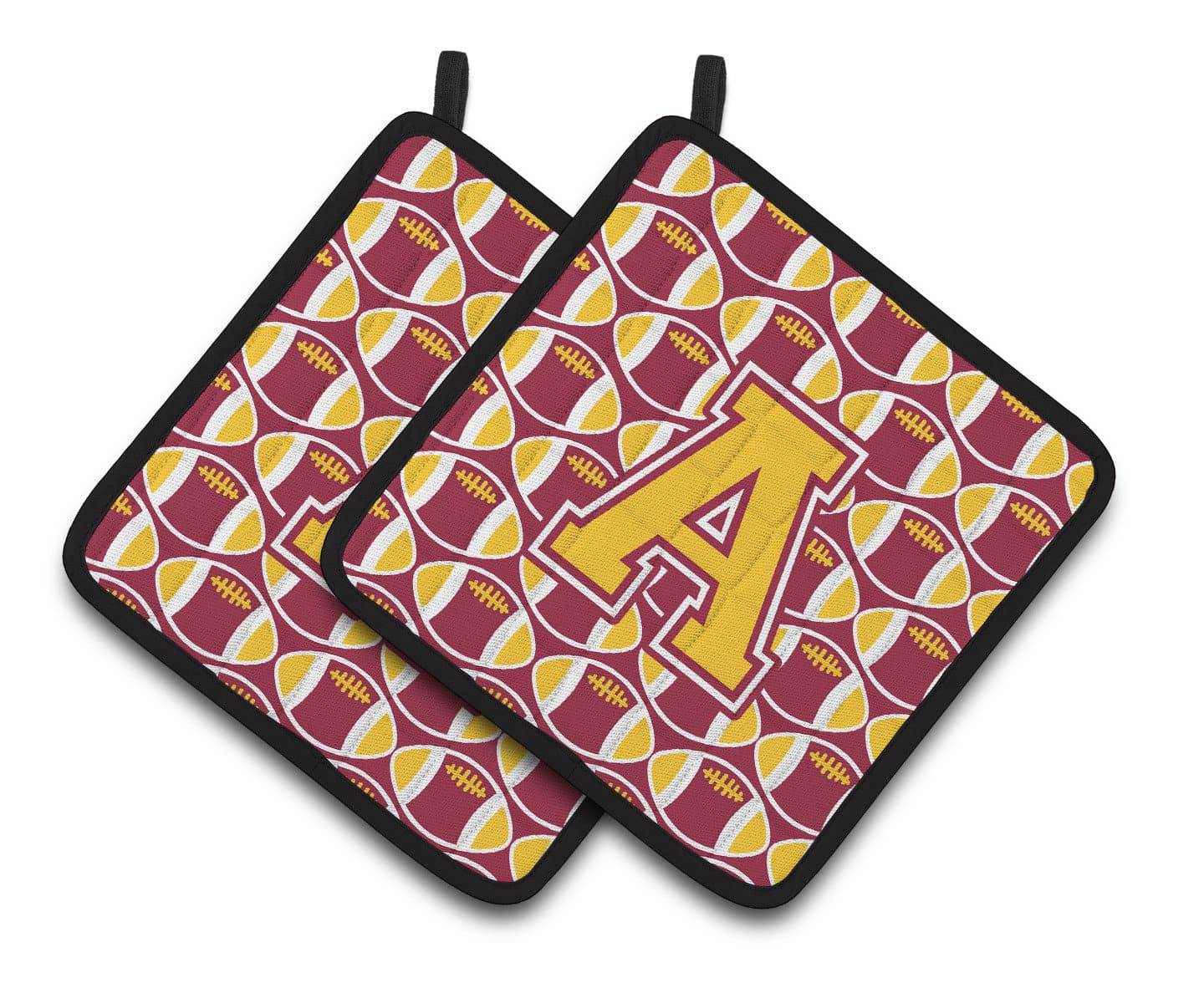 Letter A Football Maroon and Gold Pair of Pot Holders CJ1081-APTHD - the-store.com
