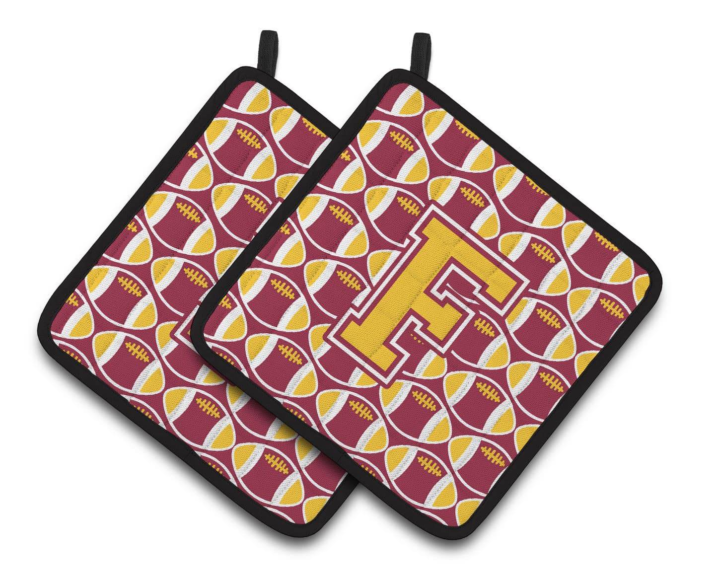Letter F Football Maroon and Gold Pair of Pot Holders CJ1081-FPTHD - the-store.com