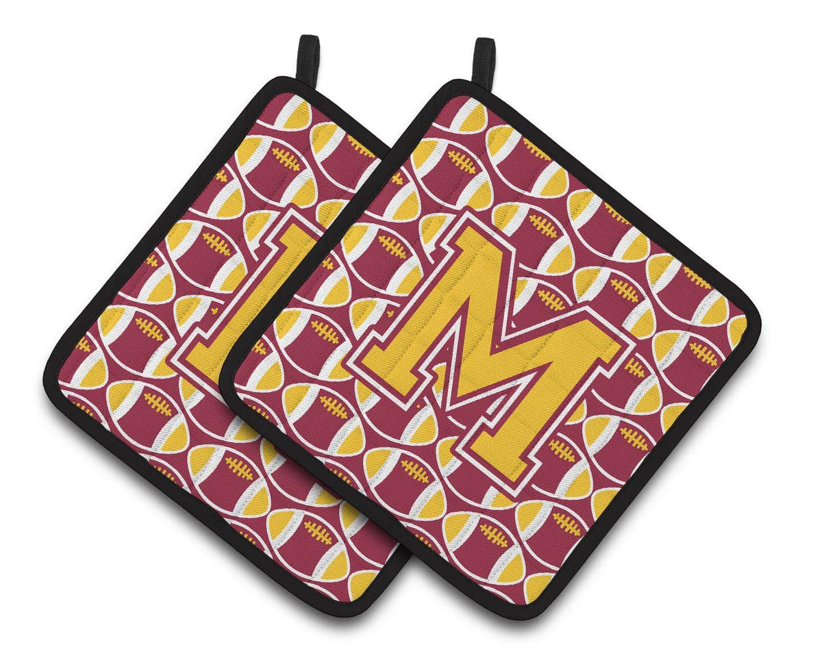 Letter M Football Maroon and Gold Pair of Pot Holders CJ1081-MPTHD - the-store.com