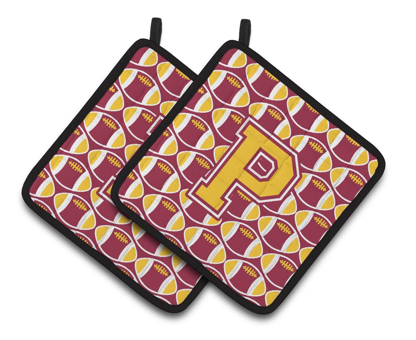 Letter P Football Maroon and Gold Pair of Pot Holders CJ1081-PPTHD - the-store.com