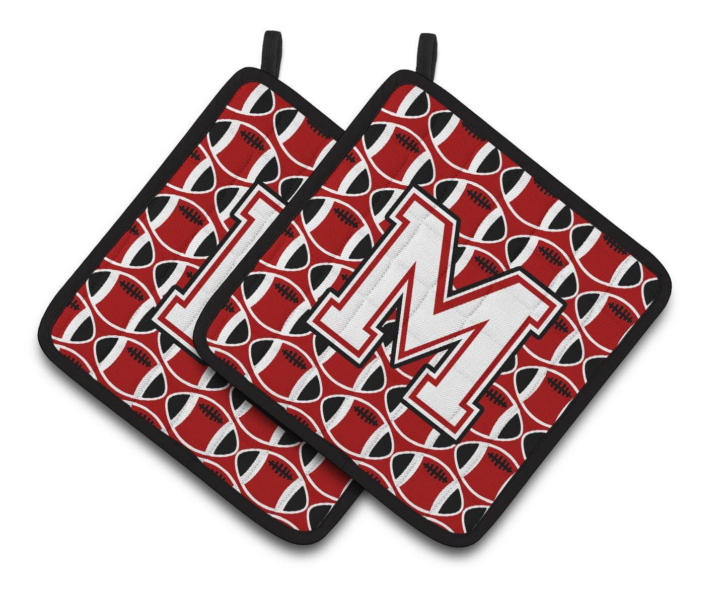 Letter M Football Cardinal and White Pair of Pot Holders CJ1082-MPTHD - the-store.com