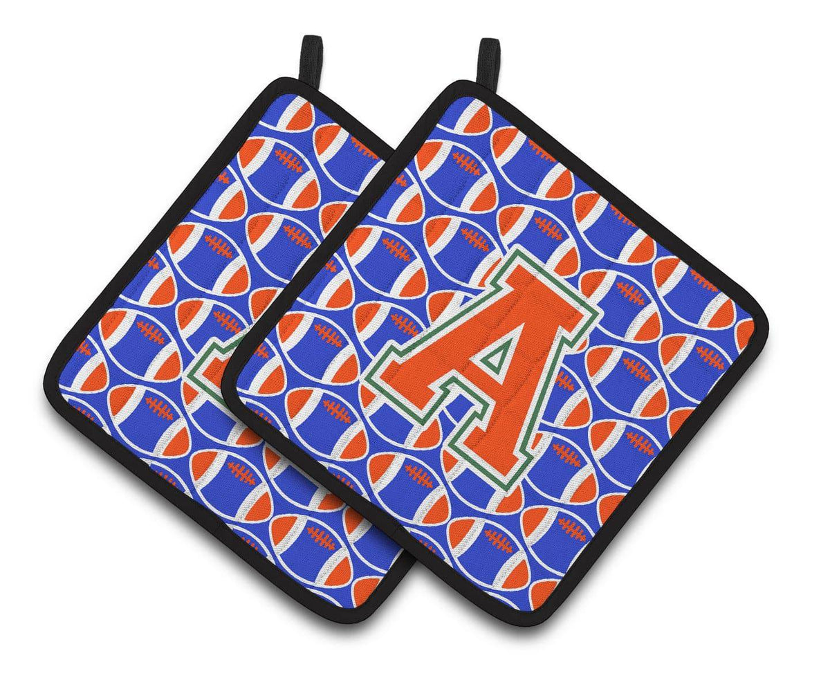 &quot;Letter A Football Green, Blue and Orange Pair of Pot Holders CJ1083-APTHD&quot; - the-store.com