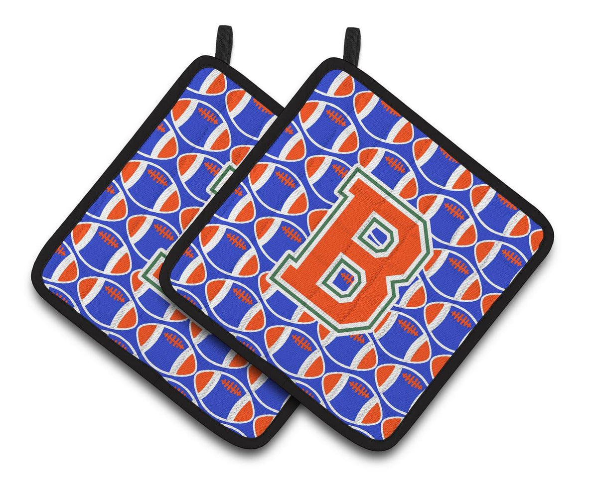 &quot;Letter B Football Green, Blue and Orange Pair of Pot Holders CJ1083-BPTHD&quot; - the-store.com