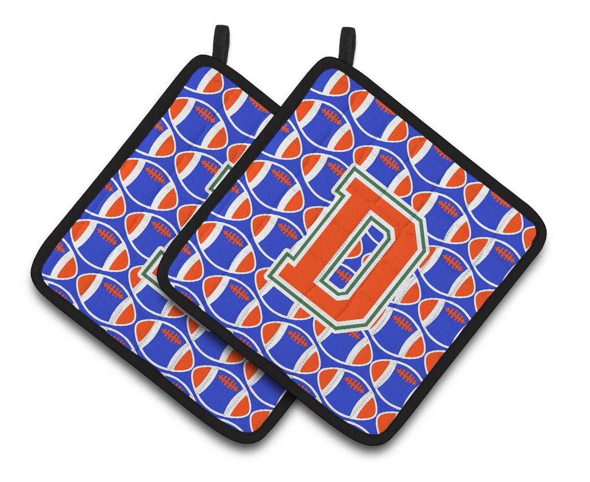 &quot;Letter D Football Green, Blue and Orange Pair of Pot Holders CJ1083-DPTHD&quot; - the-store.com