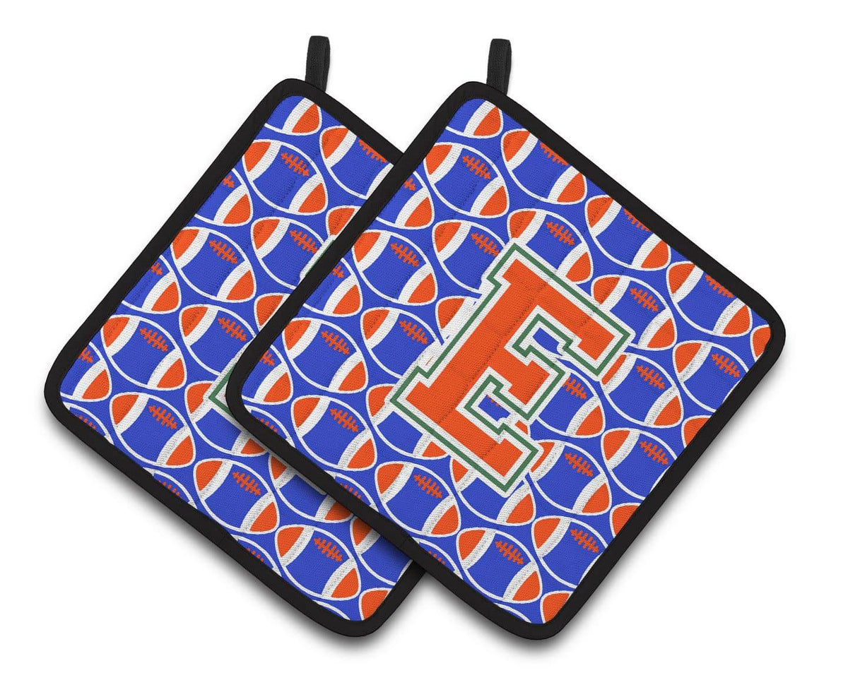 &quot;Letter E Football Green, Blue and Orange Pair of Pot Holders CJ1083-EPTHD&quot; - the-store.com