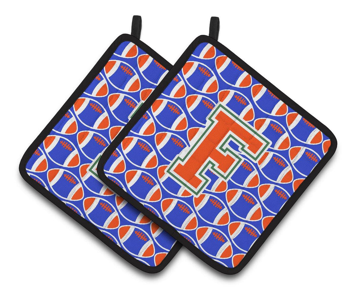 &quot;Letter F Football Green, Blue and Orange Pair of Pot Holders CJ1083-FPTHD&quot; - the-store.com
