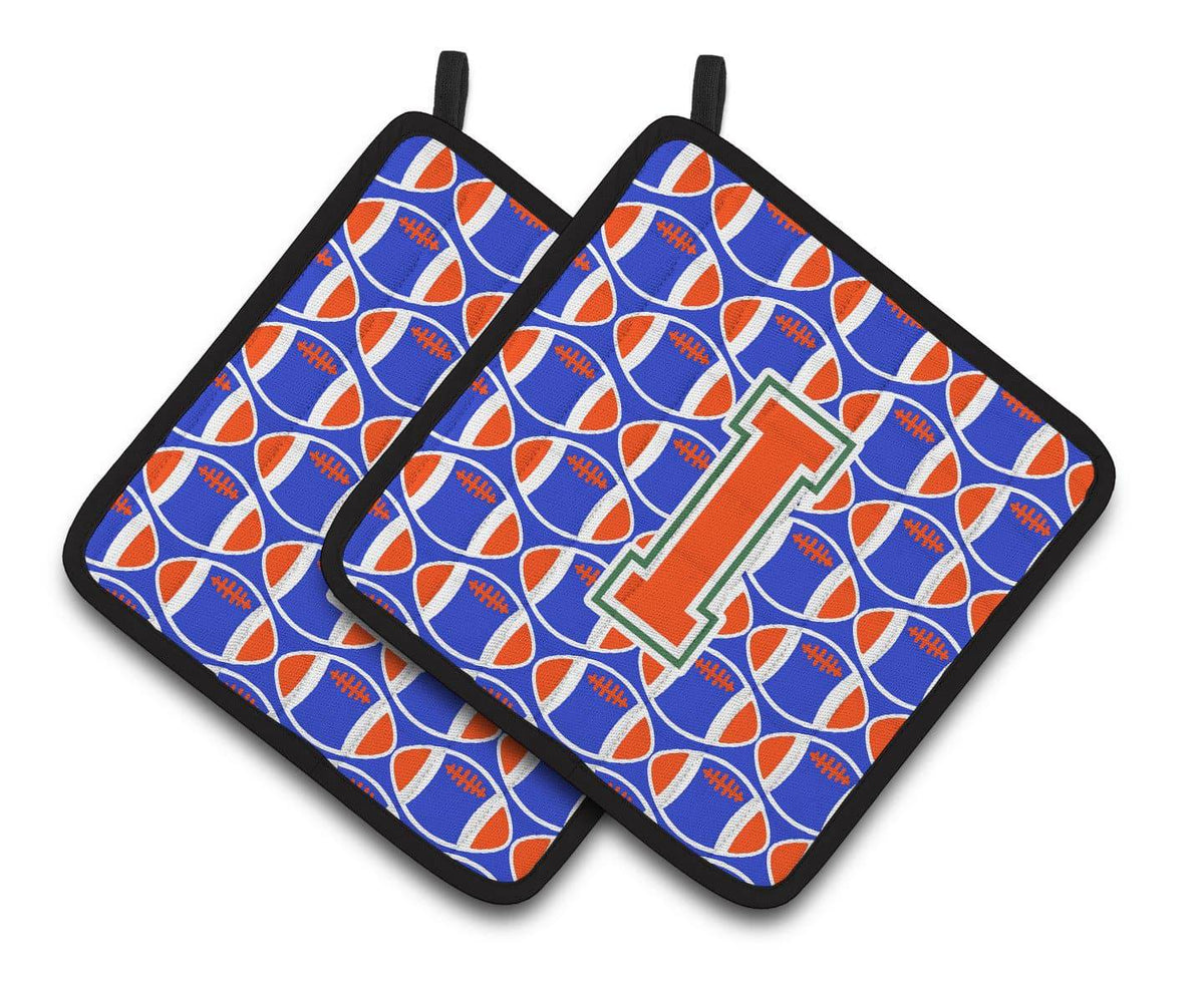 &quot;Letter I Football Green, Blue and Orange Pair of Pot Holders CJ1083-IPTHD&quot; - the-store.com