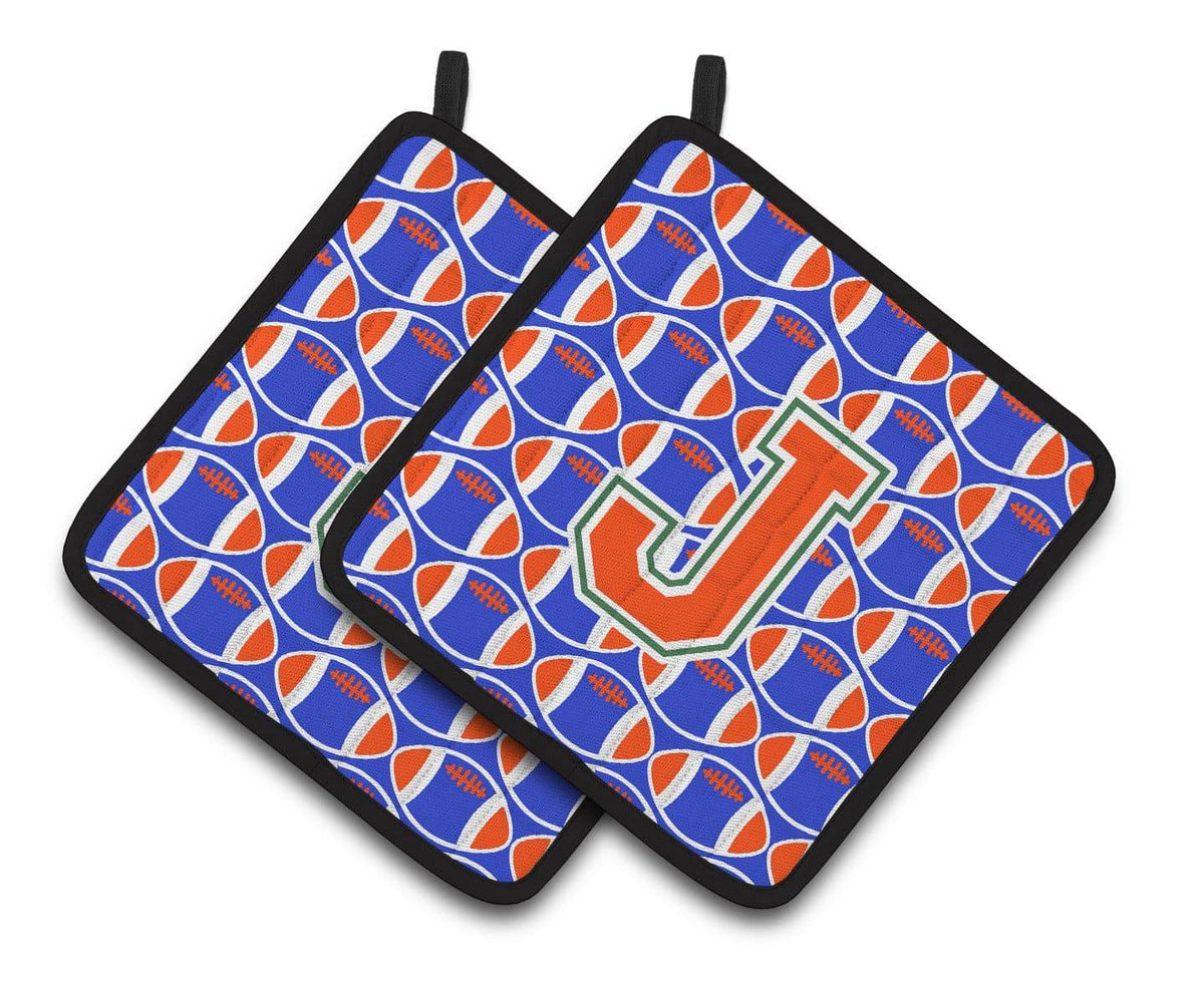 &quot;Letter J Football Green, Blue and Orange Pair of Pot Holders CJ1083-JPTHD&quot; - the-store.com