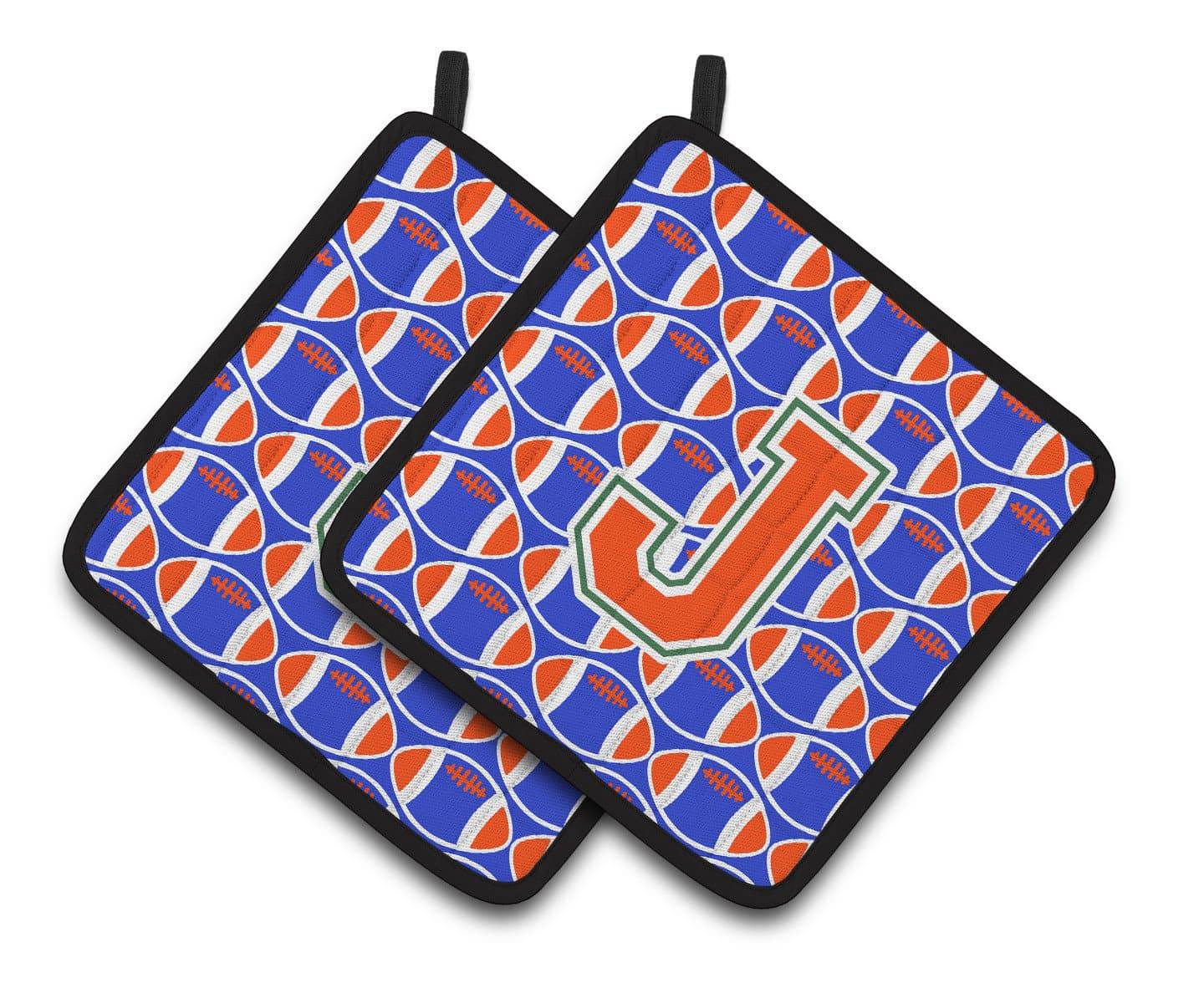"Letter J Football Green, Blue and Orange Pair of Pot Holders CJ1083-JPTHD" - the-store.com