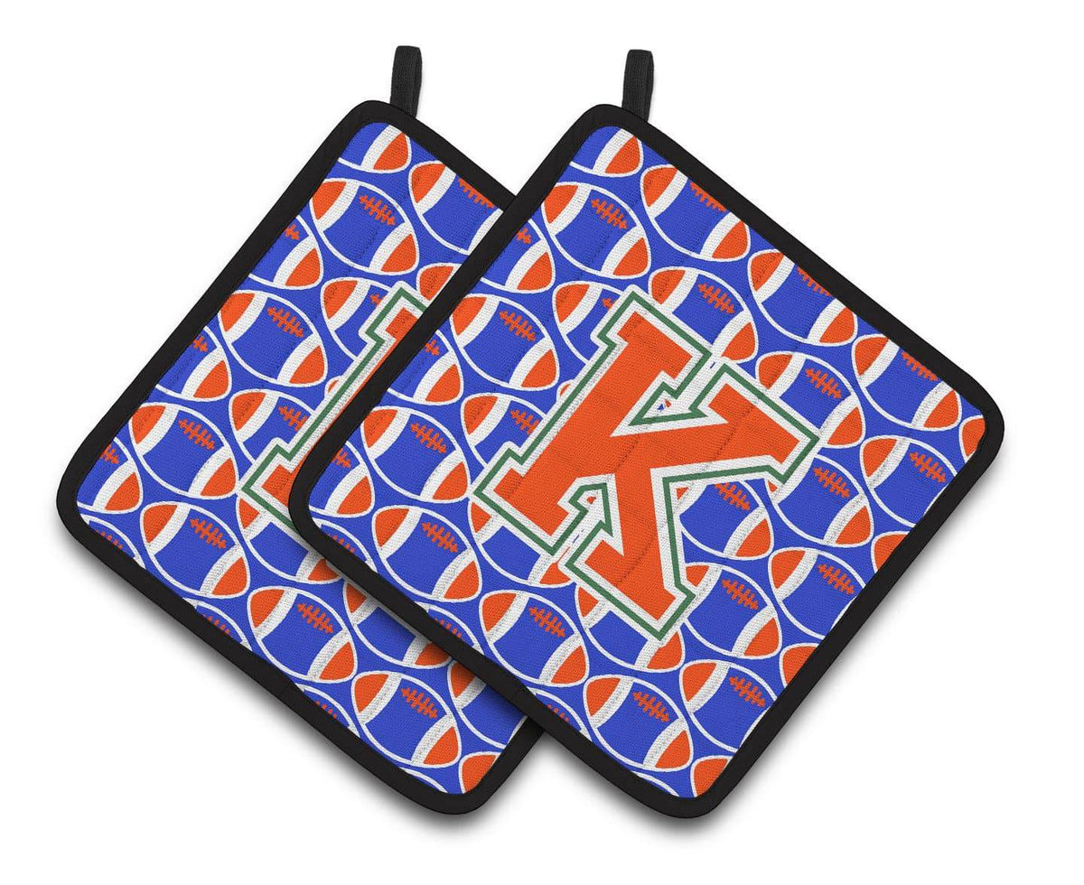 &quot;Letter K Football Green, Blue and Orange Pair of Pot Holders CJ1083-KPTHD&quot; - the-store.com