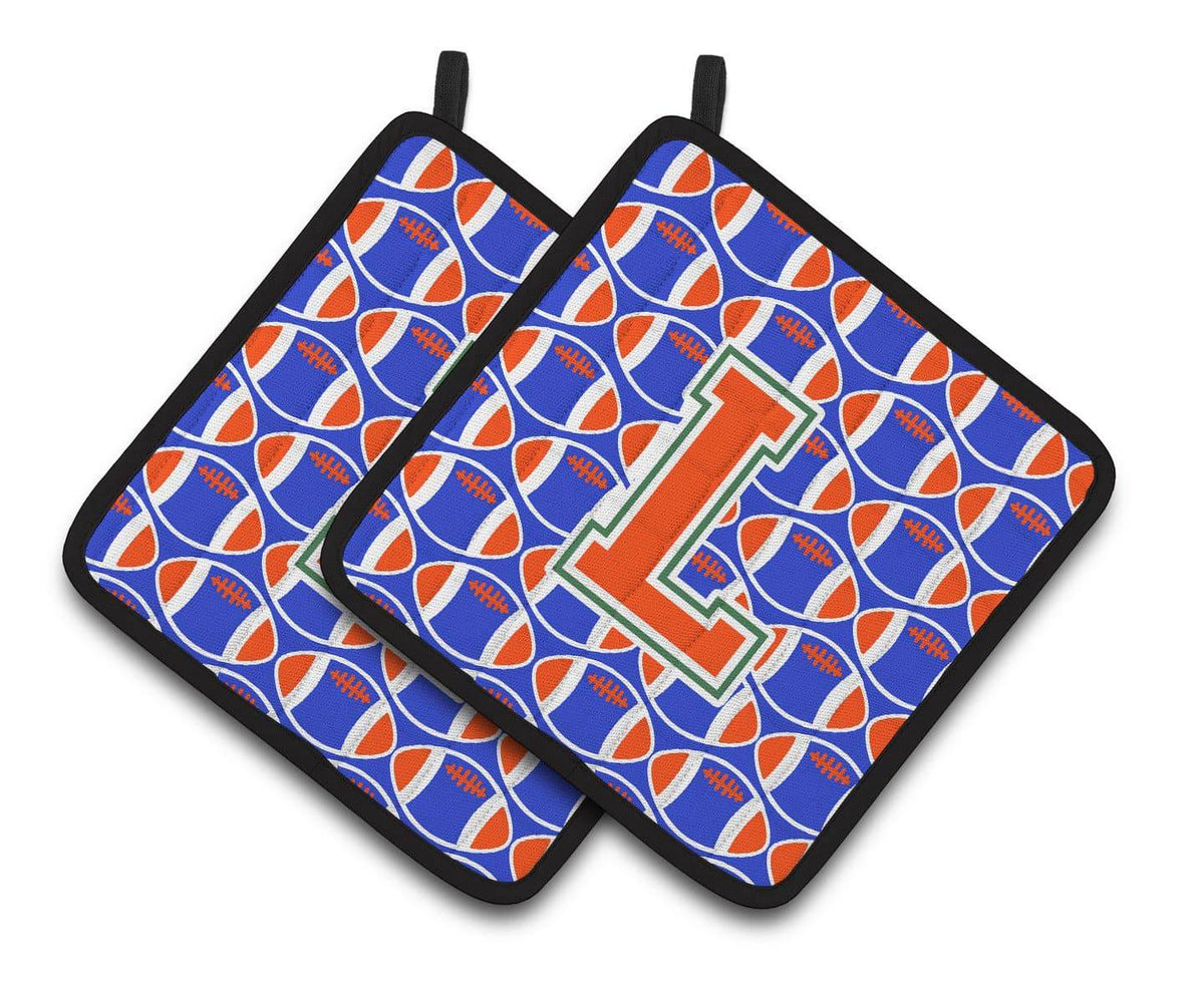 &quot;Letter L Football Green, Blue and Orange Pair of Pot Holders CJ1083-LPTHD&quot; - the-store.com