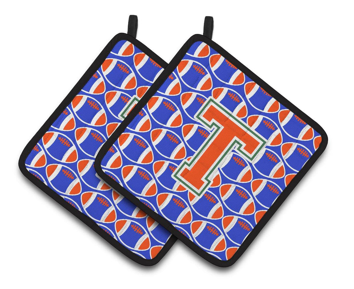 &quot;Letter T Football Green, Blue and Orange Pair of Pot Holders CJ1083-TPTHD&quot; - the-store.com