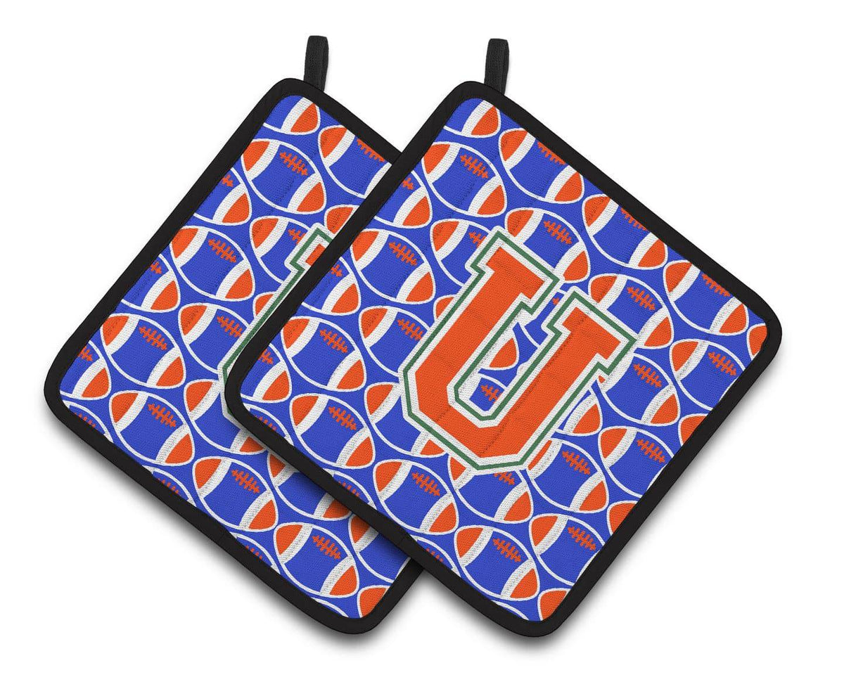 &quot;Letter U Football Green, Blue and Orange Pair of Pot Holders CJ1083-UPTHD&quot; - the-store.com