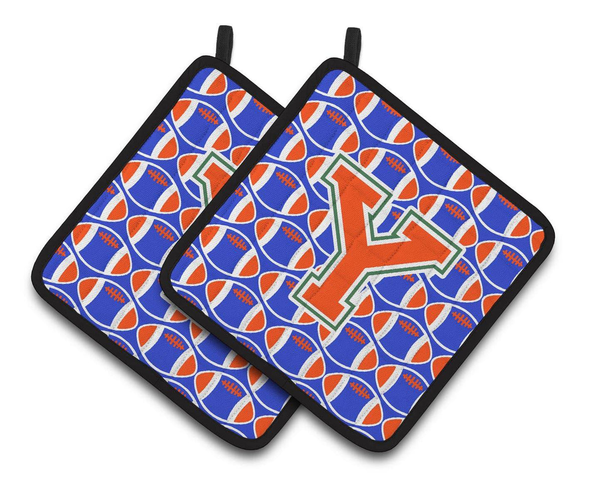 &quot;Letter Y Football Green, Blue and Orange Pair of Pot Holders CJ1083-YPTHD&quot; - the-store.com