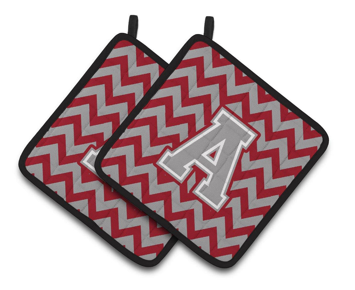 Letter A Chevron Crimson and Grey   Pair of Pot Holders CJ1043-APTHD - the-store.com