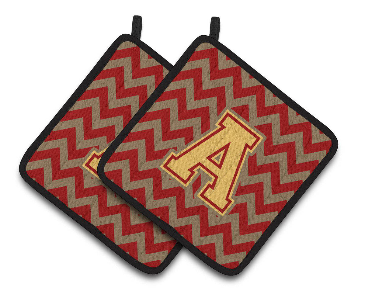 Letter A Chevron Garnet and Gold  Pair of Pot Holders CJ1048-APTHD - the-store.com