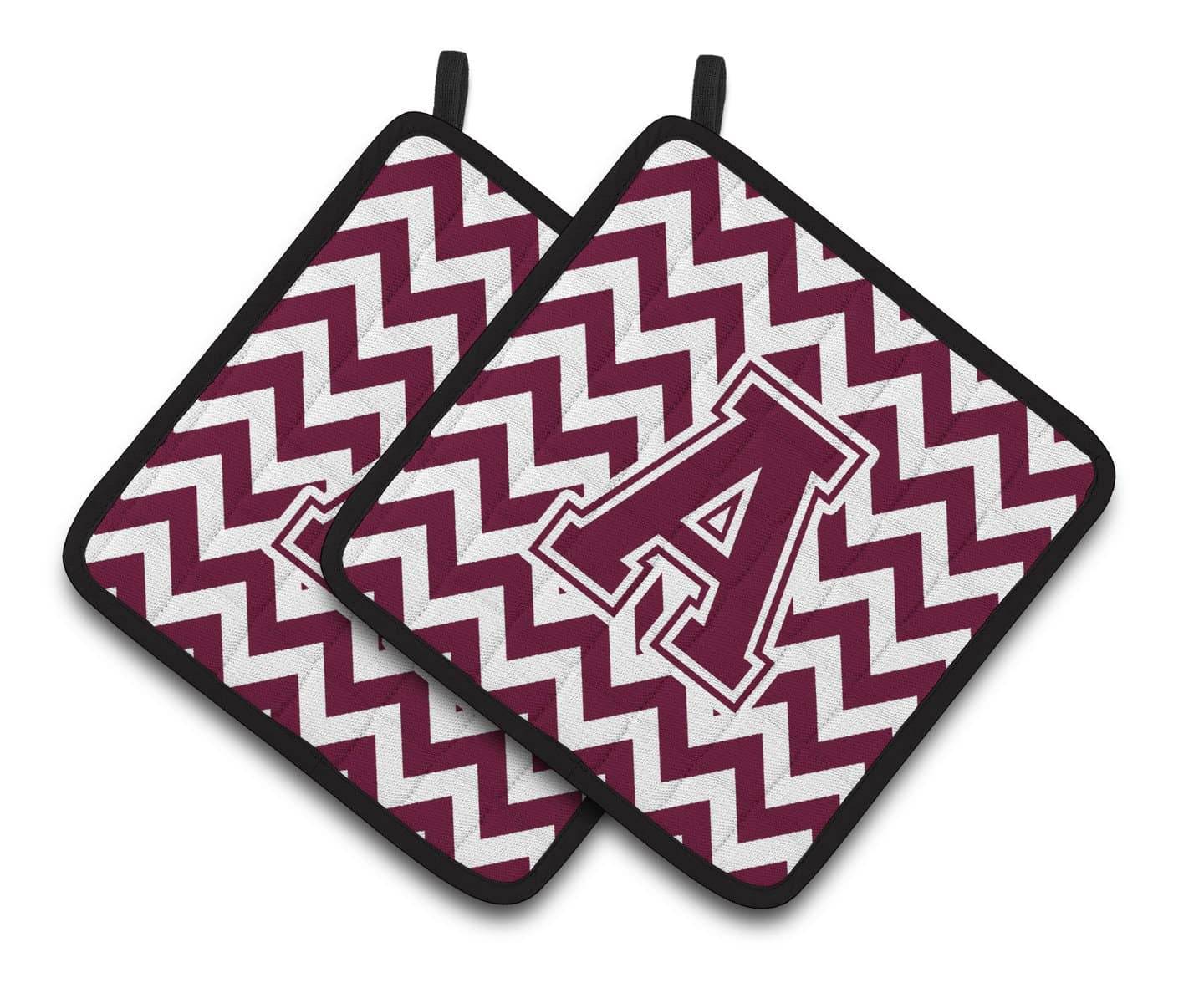 Letter A Chevron Maroon and White  Pair of Pot Holders CJ1051-APTHD - the-store.com