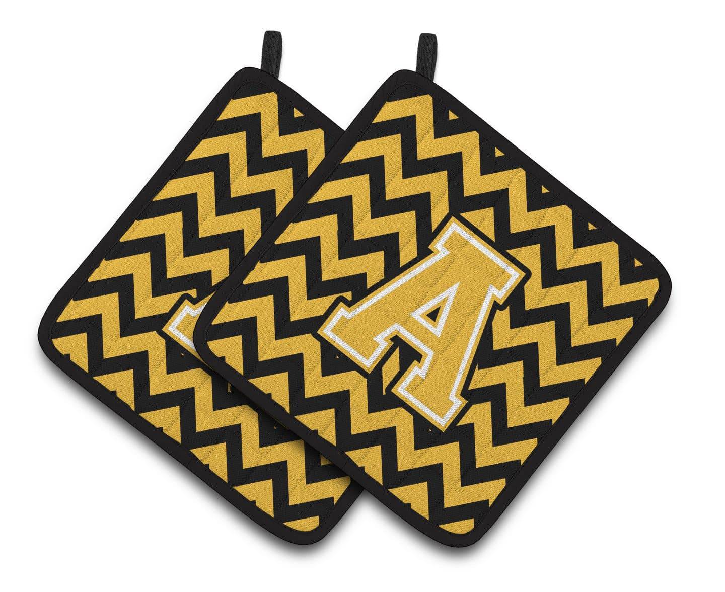 Letter A Chevron Black and Gold Pair of Pot Holders CJ1053-APTHD - the-store.com
