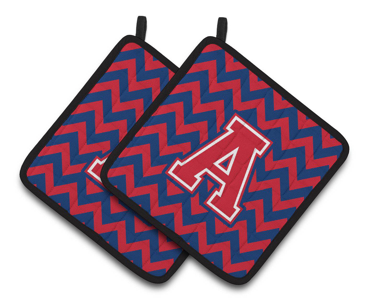 Letter A Chevron Yale Blue and Crimson Pair of Pot Holders CJ1054-APTHD - the-store.com