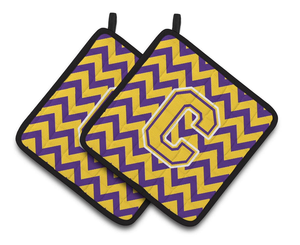 Letter C Chevron Purple and Gold  Pair of Pot Holders CJ1041-CPTHD - the-store.com