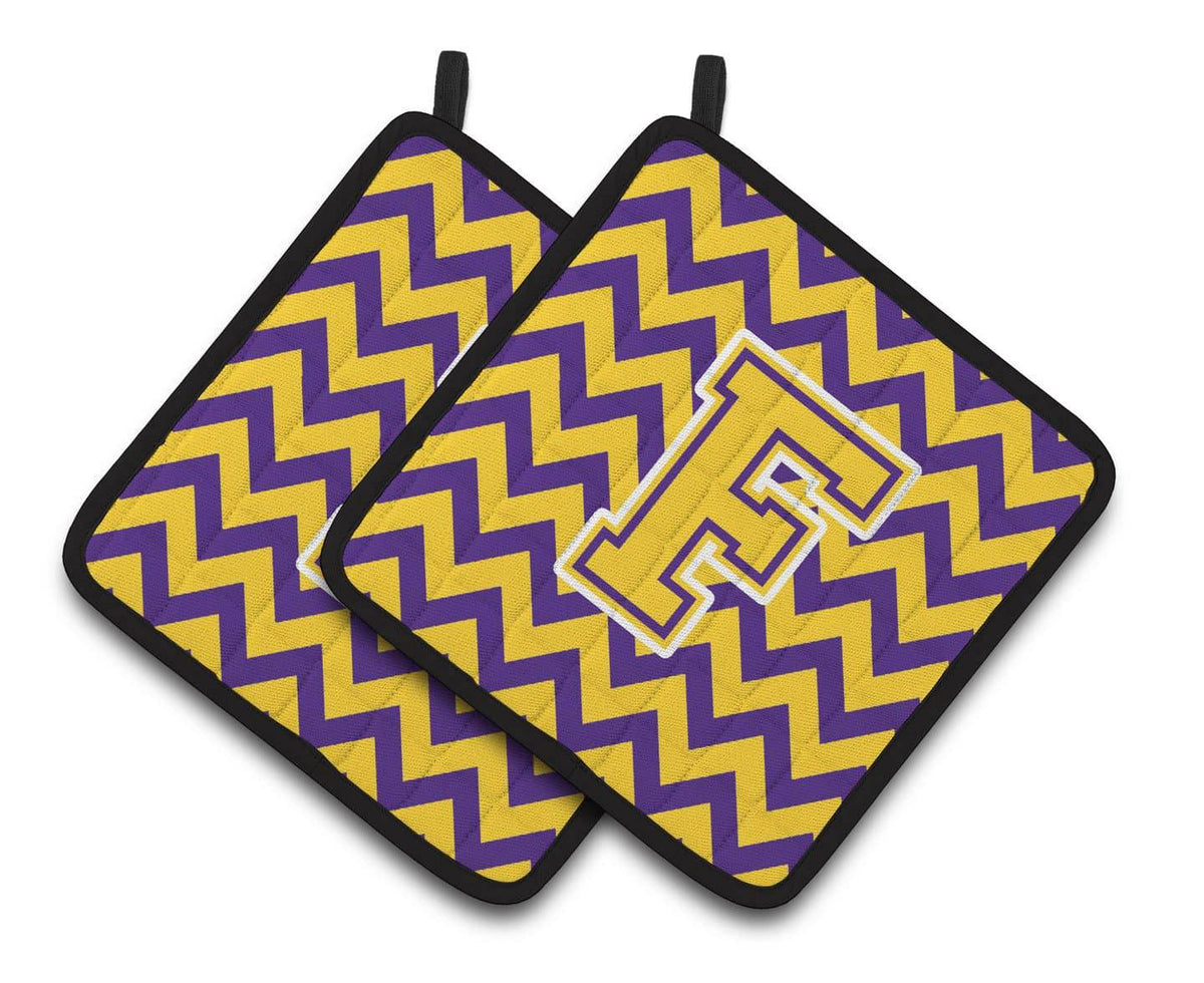 Letter F Chevron Purple and Gold Pair of Pot Holders CJ1041-FPTHD - the-store.com