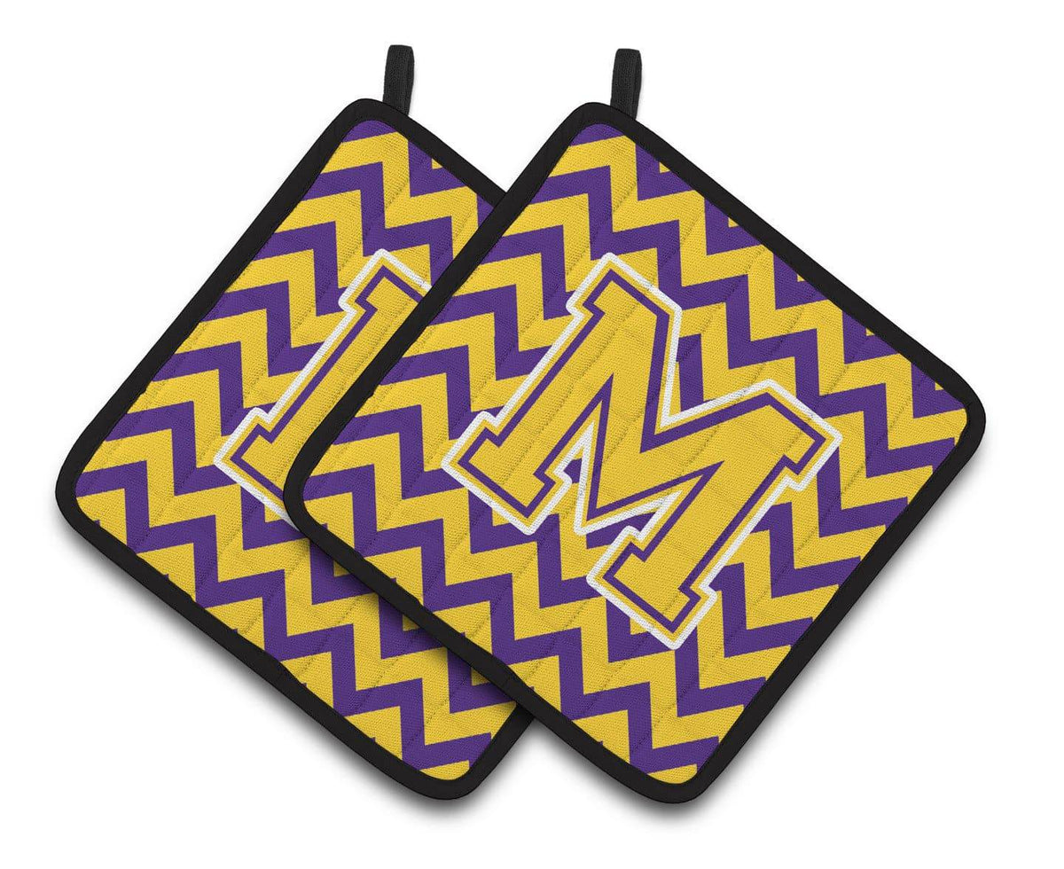 Letter M Chevron Purple and Gold Pair of Pot Holders CJ1041-MPTHD - the-store.com