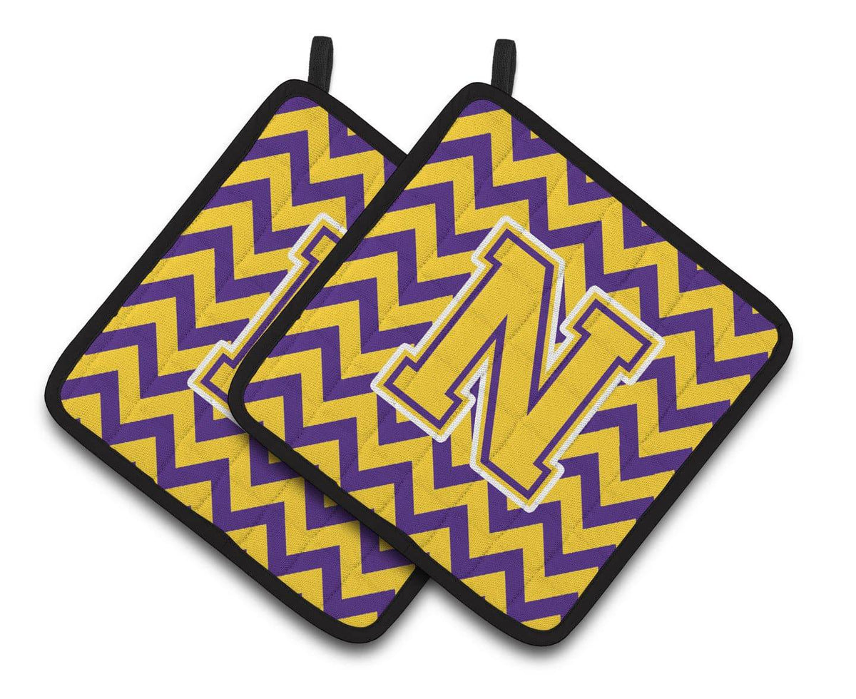 Letter N Chevron Purple and Gold Pair of Pot Holders CJ1041-NPTHD - the-store.com