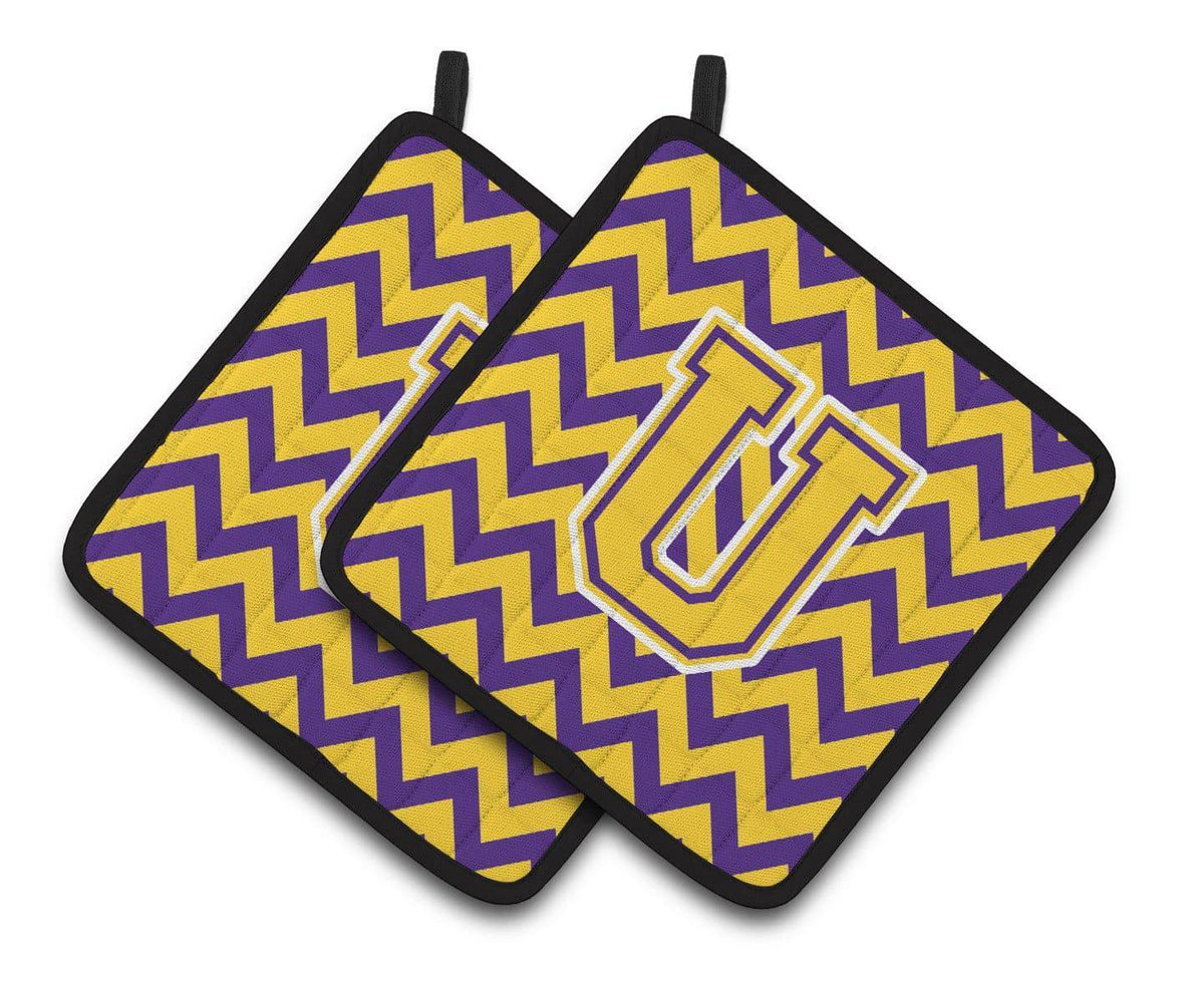 Letter U Chevron Purple and Gold Pair of Pot Holders CJ1041-UPTHD - the-store.com