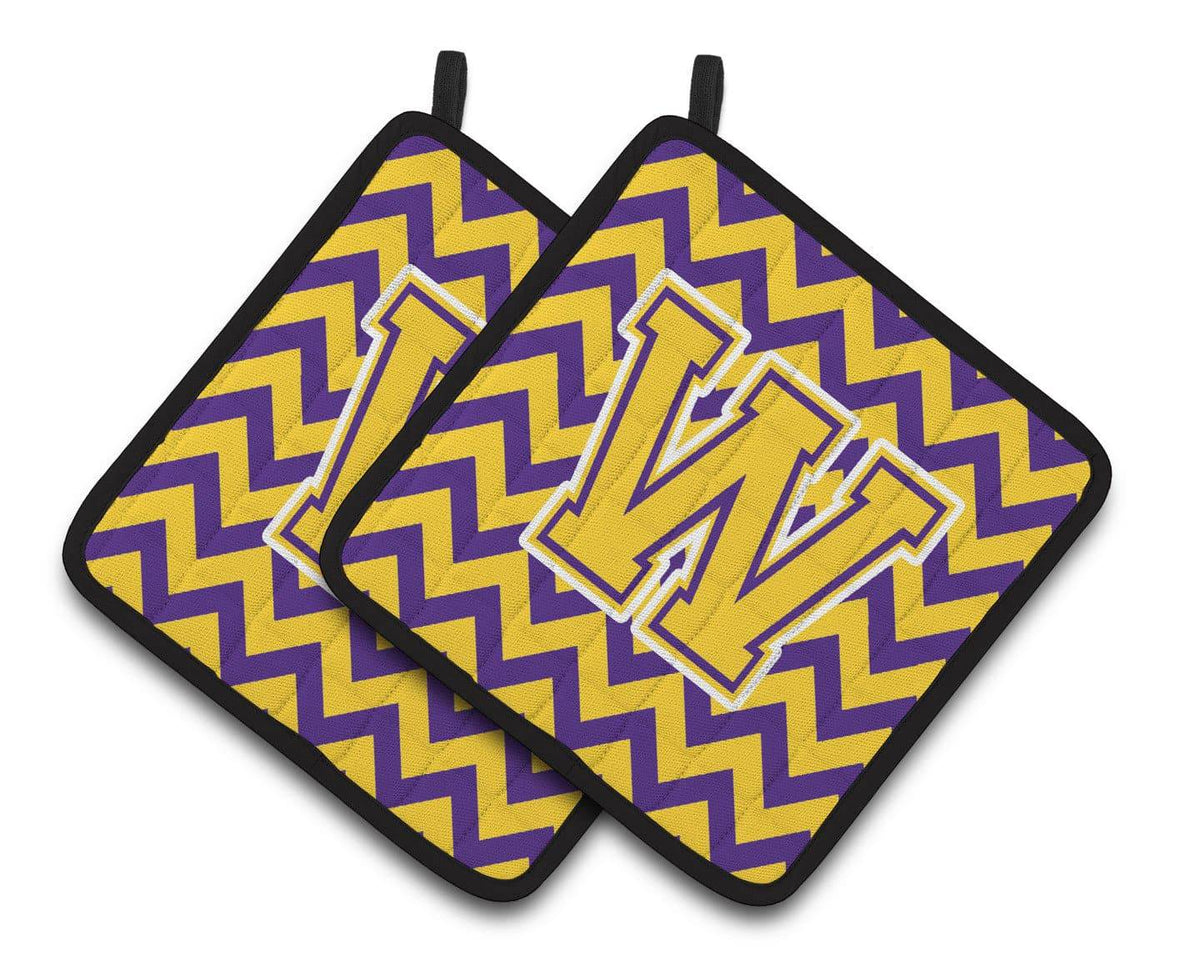 Letter W Chevron Purple and Gold Pair of Pot Holders CJ1041-WPTHD - the-store.com
