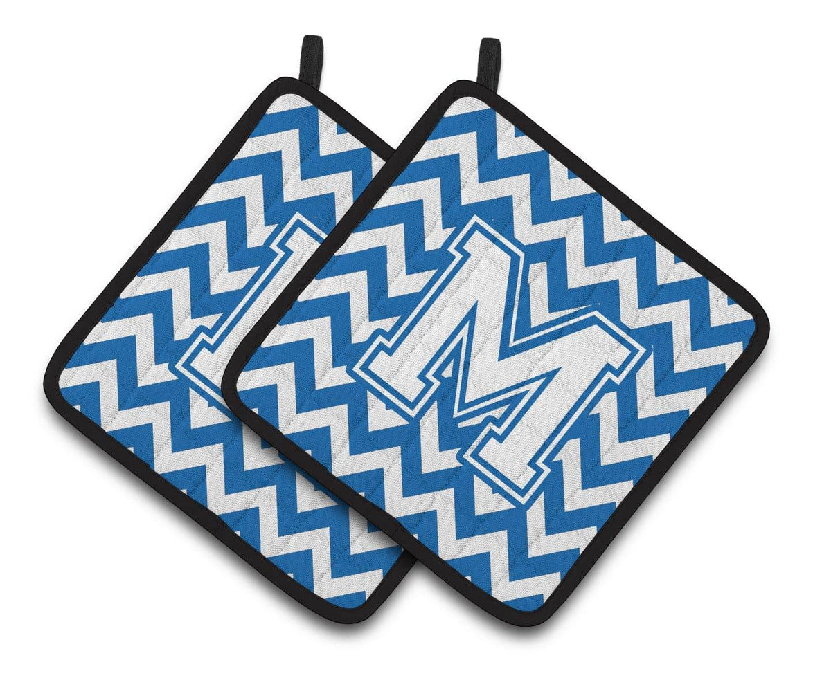 Letter M Chevron Blue and White Pair of Pot Holders CJ1045-MPTHD - the-store.com