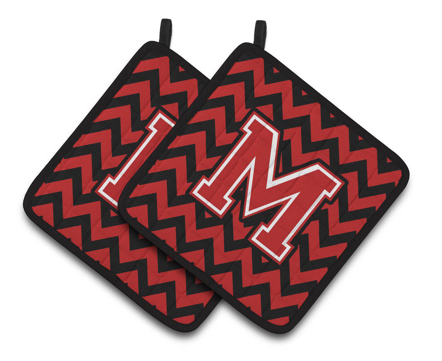 Letter M Chevron Black and Red   Pair of Pot Holders CJ1047-MPTHD - the-store.com