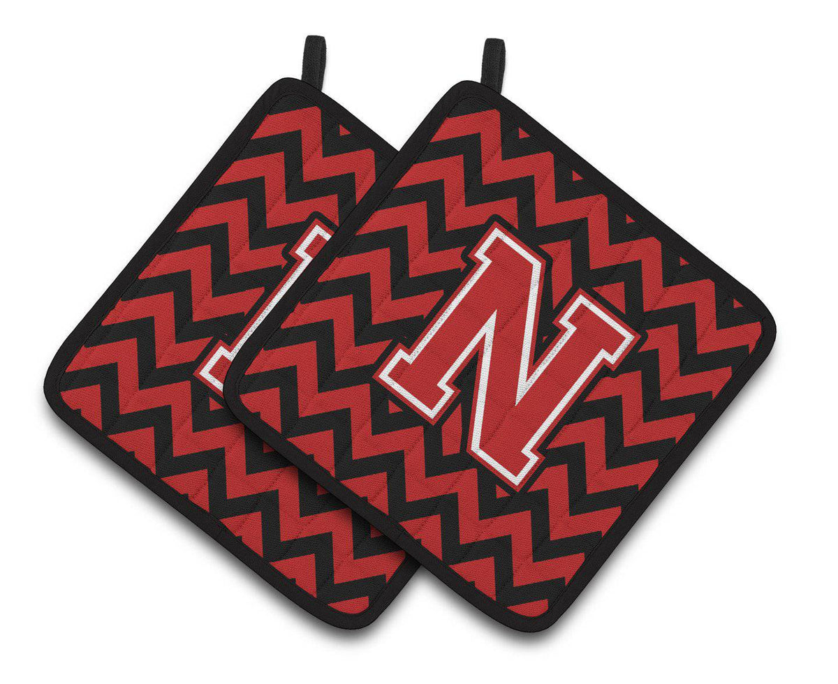 Letter N Chevron Black and Red   Pair of Pot Holders CJ1047-NPTHD - the-store.com