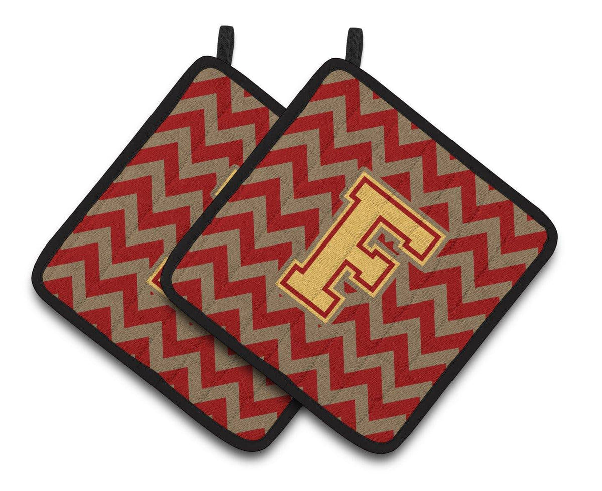 Letter F Chevron Garnet and Gold  Pair of Pot Holders CJ1048-FPTHD - the-store.com