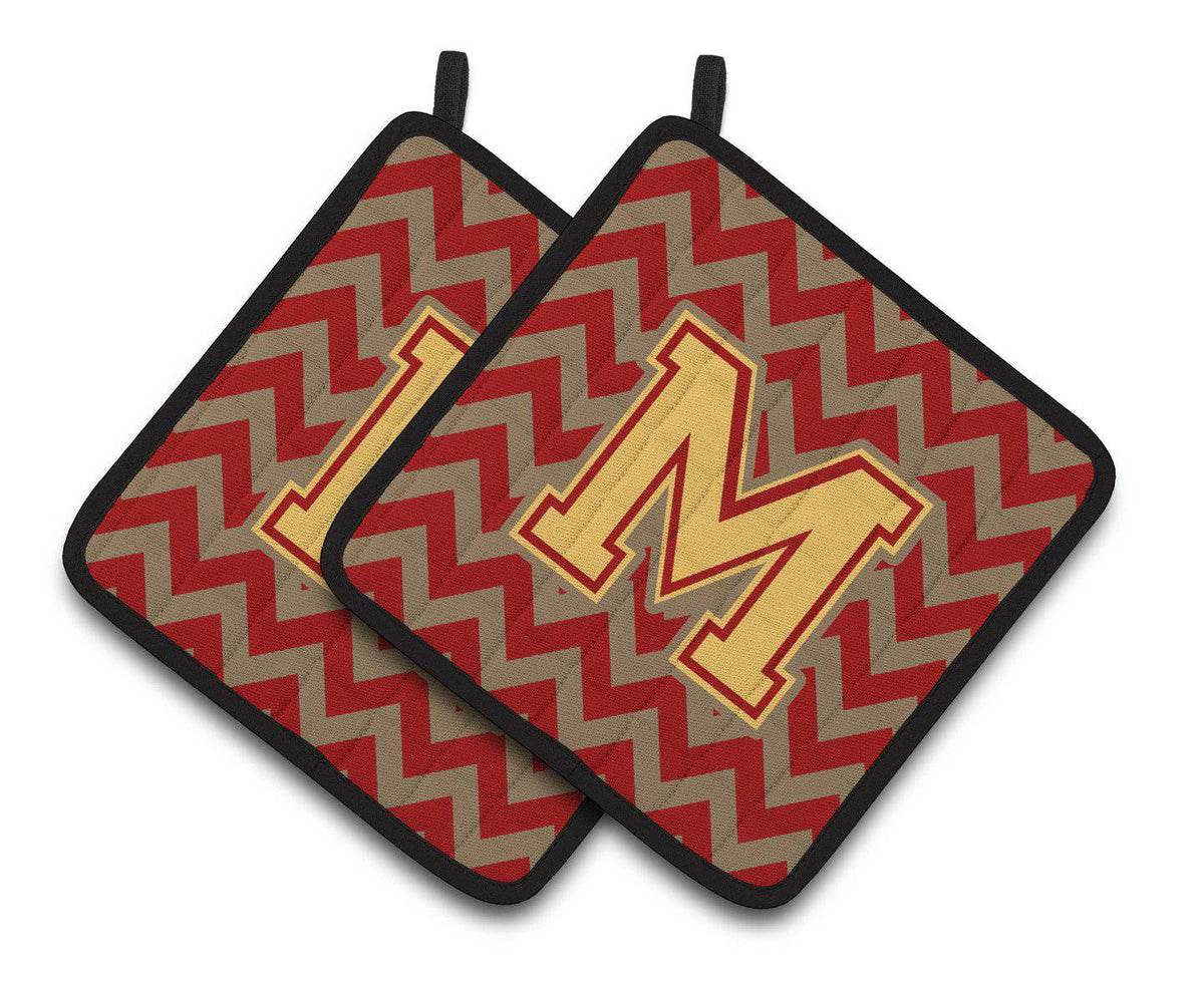 Letter M Chevron Garnet and Gold  Pair of Pot Holders CJ1048-MPTHD - the-store.com