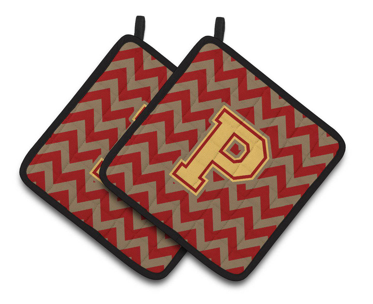 Letter P Chevron Garnet and Gold  Pair of Pot Holders CJ1048-PPTHD - the-store.com